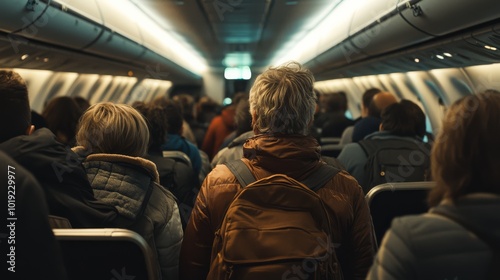 Passengers seated inside an airplane cabin, showcasing a typical flight experience with multiple travelers and overhead compartments in view.