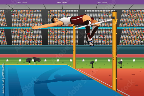 Male high jumper in midair over bar