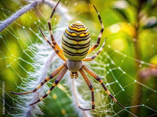 Vibrant golden spider Argiope amoena meticulously wraps silk threads around its immobilized prey, showcasing exceptional web-weaving skills in a natural, sun-drenched habitat.