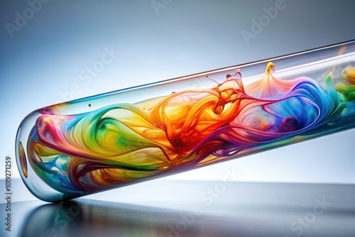 A delicate, transparent glass tube filled with colorful, swirling liquid against a soft, white background, evoking a sense of elegance and scientific curiosity.