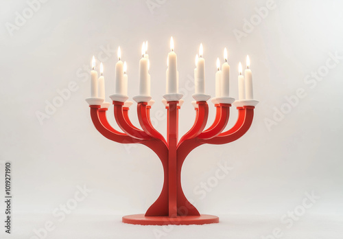 Red candelabra with lit white candles on white background.