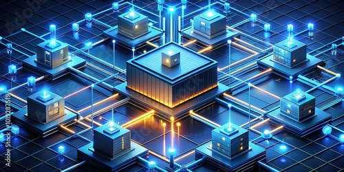 Centralized data hub illustration in isometric perspective, showcasing interconnected nodes, circuits, and glowing lines, symbolizing efficient data flow and network infrastructure.