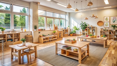 Cozy kindergarten classroom filled with natural light, wood accents, and Montessori-inspired materials, showcasing a warm and inviting educational environment.