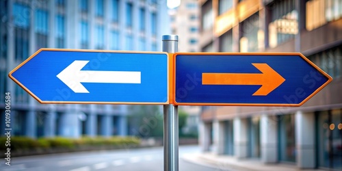 Two arrow signs pointing in opposite directions, blue and orange, standing out against a blurred grey city street background, conveying conflict and differing opinions.