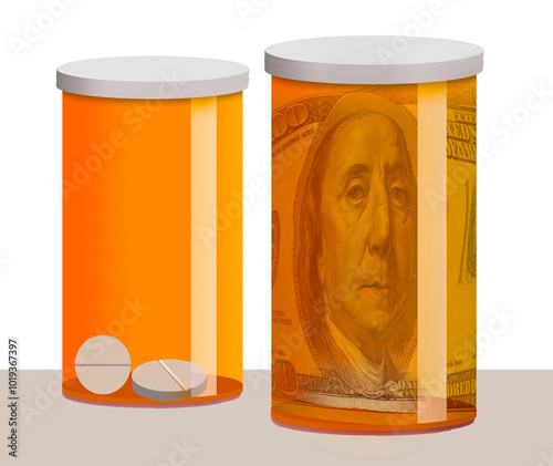 A one hundred dollar bill is seen inside a pharmacy prescription pill bottle and is next to a nearly empty bottle of pills. This is a 3-d illustration about high medicine prices.