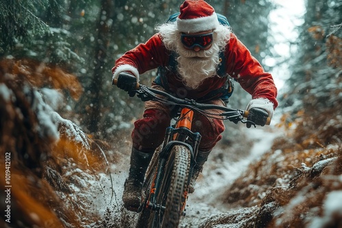 santa claus mountain biking on extreme trail comical contrast of jolly character tackling challenging terrain