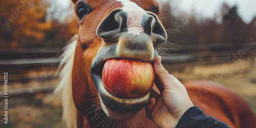 Autumn Treat: Horse Enjoying a Fresh Apple from Hand