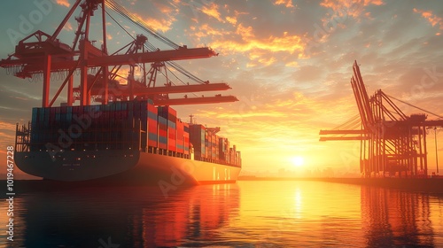 Large cargo ship with containers docked at a seaport terminal during sunset. Industrial shipping and logistics concept.