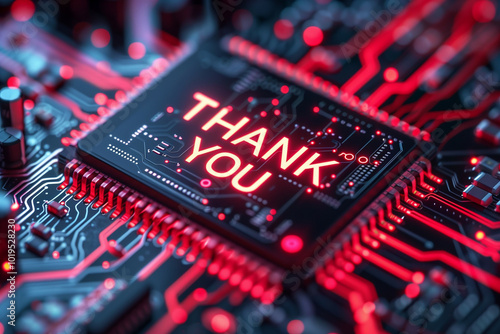 Intricate Circuit Board Design with Vibrant Red Illumination and 'Thank You' Message