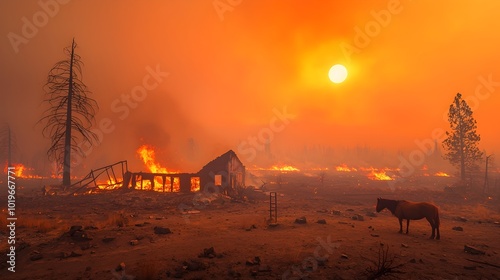 Wildfires blazing uncontrolled in a desolate landscape under a sky filled with an ominous radioactive ash creating an apocalyptic disaster scene of destruction and abandonment