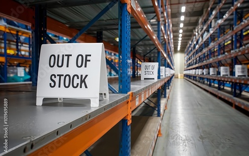 Out of stock sign in empty warehouse. Supply shortage issue