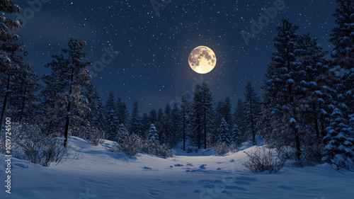 Full moon shining over a snow-covered forest with clear night sky and stars