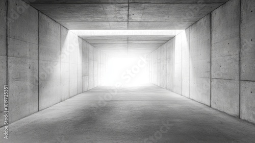 Concrete hallway tunnel with light at the end, evoking a sense of endless possibilities. Concept of hope, modern architecture, and minimalism.