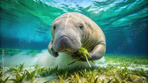 Asymmetrical Dugong Dugong dugon feeding on seagrass Sea cow