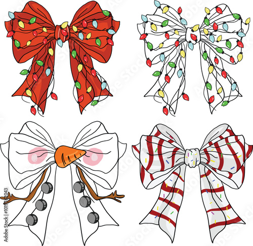 Christmas Coquette bow: snowman, christmas cake, xmas lights coquette.Art & Illustration