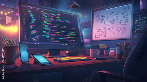 Modern Coding Workspace: A Glimpse into the Developer's Digital Haven with Code, Flowcharts, and Multiplatform Development Tools