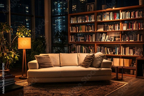 Cosy Urban Living Room at Night with Warm Lights and Bookshelves