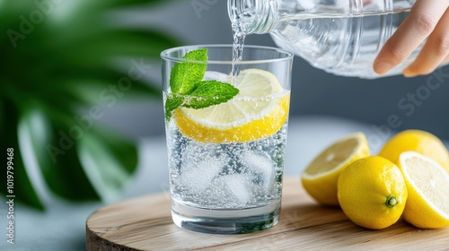 A refreshing glass of sparkling water infused with lemon slices and fresh mint leaves, served over ice for a cool, hydrating beverage.