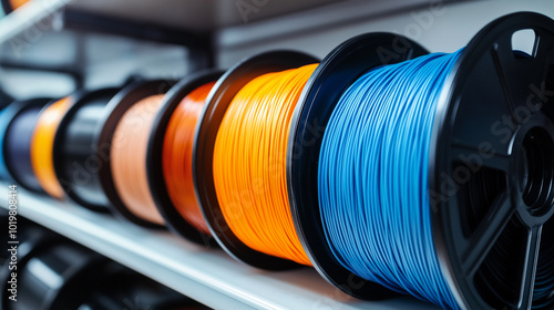 Rolls of industrial cables in black, orange, and blue, displayed in a manufacturing setting.