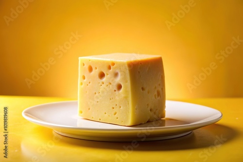 block of cheese on white plate on yellow background