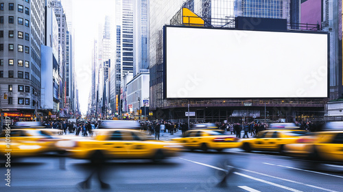 Yellow taxis speeding through a busy city intersection with large blank billboards.