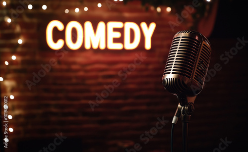 Microphone on stage with a neon comedy sign in the background.