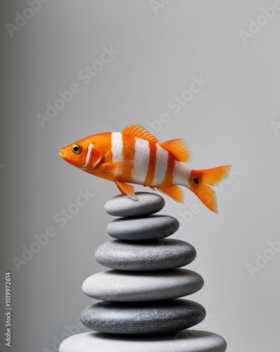 A tight shot of a fish perched atop an arrangement of rocks Its body bears orange and white vertical stripes.