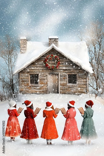 Carolers singing outside a rustic cabin, snow falling, 3D illustration