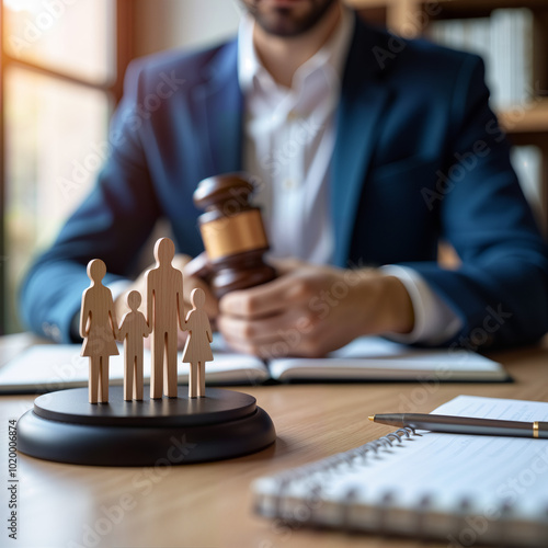 A lawyer holds a gavel, symbolizing justice, with wooden family figures in the foreground. This image is perfect for legal services, family law discussions, and advocacy for children's rights