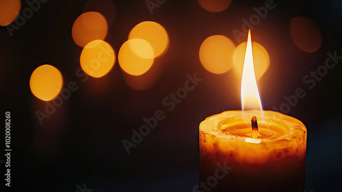 Close up flame of burning candle on black background with bokeh light and copy space, sorrow remembrance day concept, represents eternal life and the souls of saints for all saints' day.