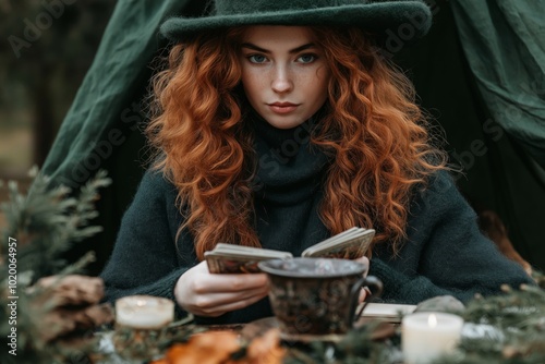 A young woman with red curly hair reading tarot cards outside, wearing a green hat and sweater, surrounded by natural elements, creating a mysterious and earthy atmosphere in a woodland setting