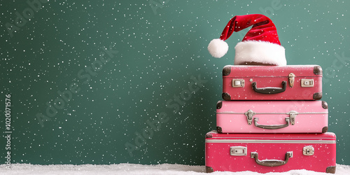 suitcase ready for holiday adventures amidst a snowy backdrop. Ideal for travel brochures, holiday greeting cards, or social media posts celebrating the spirit of the season!banner/web/design/flyer