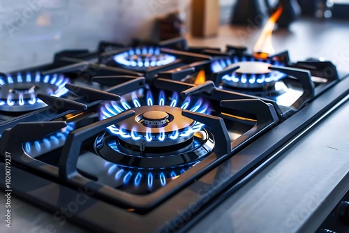 Burning gas stove in the kitchen