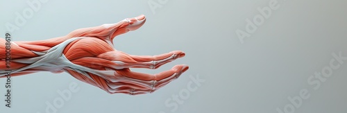 Detailed human arm muscles, tendons on blue background