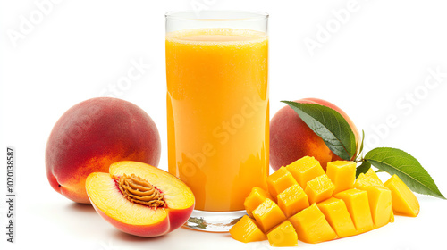 Fresh mango juice served in a clear glass with sliced mango and whole peaches on a white background.