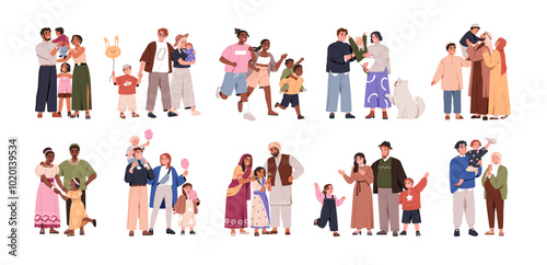 Happy diverse families set. Traditional heterosexual parents with kids. Father, mother and child, different ethnicity. Mom, dad, children. Flat vector illustration isolated on white background