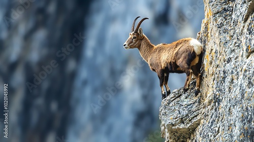 Mountain goat standing majestically on a rock cliff.