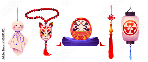 Traditional Japanese culture cartoon elements - daruma doll face mask on pillow, hanging paper lantern with ornate, mizuhiki pendant charm, teru teru bozu handmade doll and fox mask on beads necklace