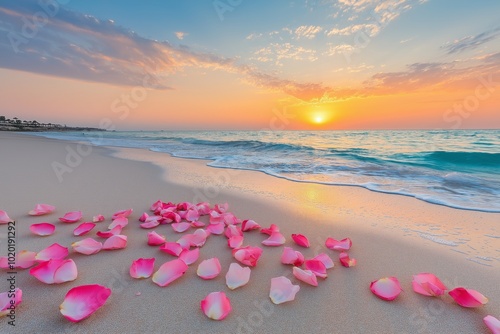 Pink petals scattered on a peaceful beach at sunrise, with waves softly meeting the shore