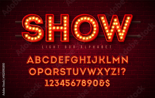 Light Bulb Alphabet with Red Frame Box and Shadow on Vintage Brick Wall Background. Glowing Retro Vector Font Collection with Shiny Bright Lights. ABC and Number Design for Casino, Night Club or