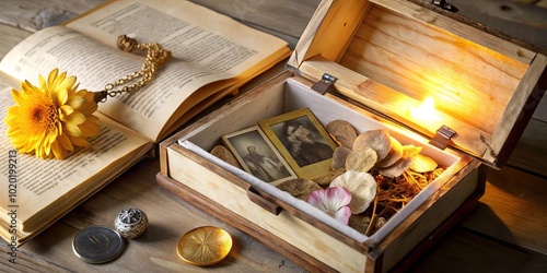 A Wooden Box Filled with Memories, Decorated with Dried Flowers and Photographs, Rests Atop a Table Alongside a Book and Golden Trinkets.