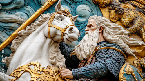 majestic sculpture depicting powerful figure with long beard, riding horse. intricate details showcase craftsmanship and artistry, evoking sense of strength and nobility. 