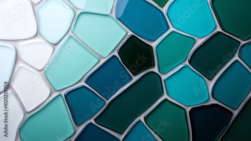 Colorful mosaic pattern in shades of blue, green, and white with unique shapes.