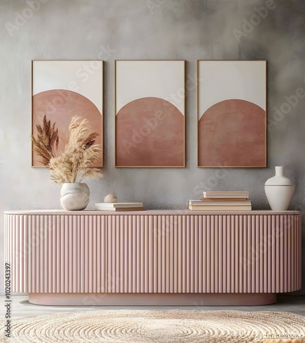 Modern Pink Cabinet with Abstract Art and Dried Flowers