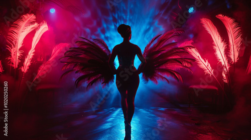 Silhouette of a burlesque performer with feather wings and dramatic lighting