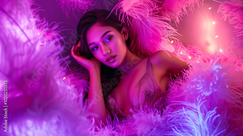 Glamorous woman surrounded by pink feathers and soft glowing lights