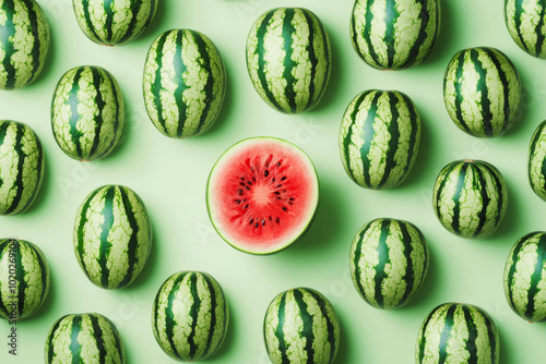 Top view of sliced watermelon with vibrant red flesh surrounded by whole green watermelons on market stall