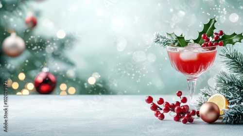 Festive holiday cocktail with cranberries and mint on a snowy background.