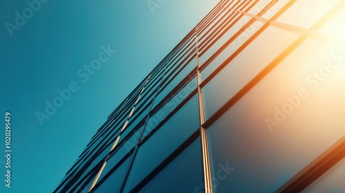 A towering modern building with a sleek glass facade reflecting the brilliant blue sky and warm sunlight, capturing the essence of urban architecture and innovation.