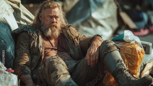 A rugged, scruffy man takes a break, sitting among a heap of tattered bags, wrapped in worn clothing, evoking themes of survival and resilience.